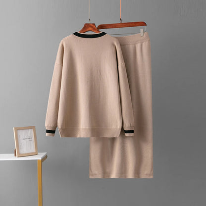 Autumn Winter New Women's Knitted Skirt Sets Fashion Pockets Cardigan V-Neck Sweaters Skirts Suits Thicken Knit Two Piece Sets
