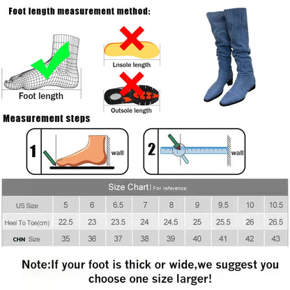 Modern Women Denim Knee High Boots New In Female Low Heel Footwear Fashion Pleated Ladies Western Long Boots Slip On Shoes
