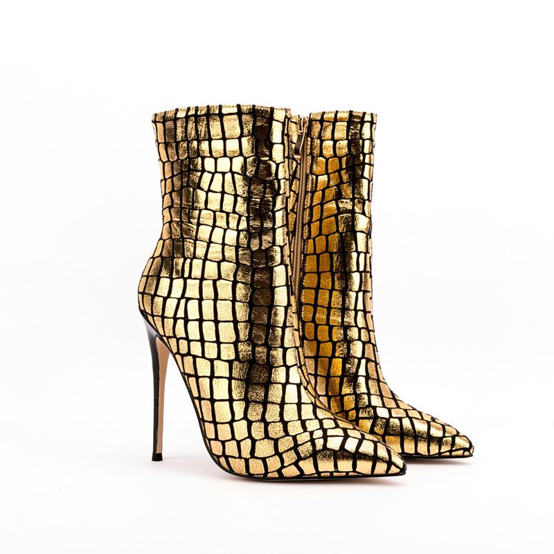 Pointed Toe Super High Heel Ankle Boots Ladies Party Shoes Side Zipper Shiny Stone Pattern Gold Sexy Winter Autumn Fashion Shoes