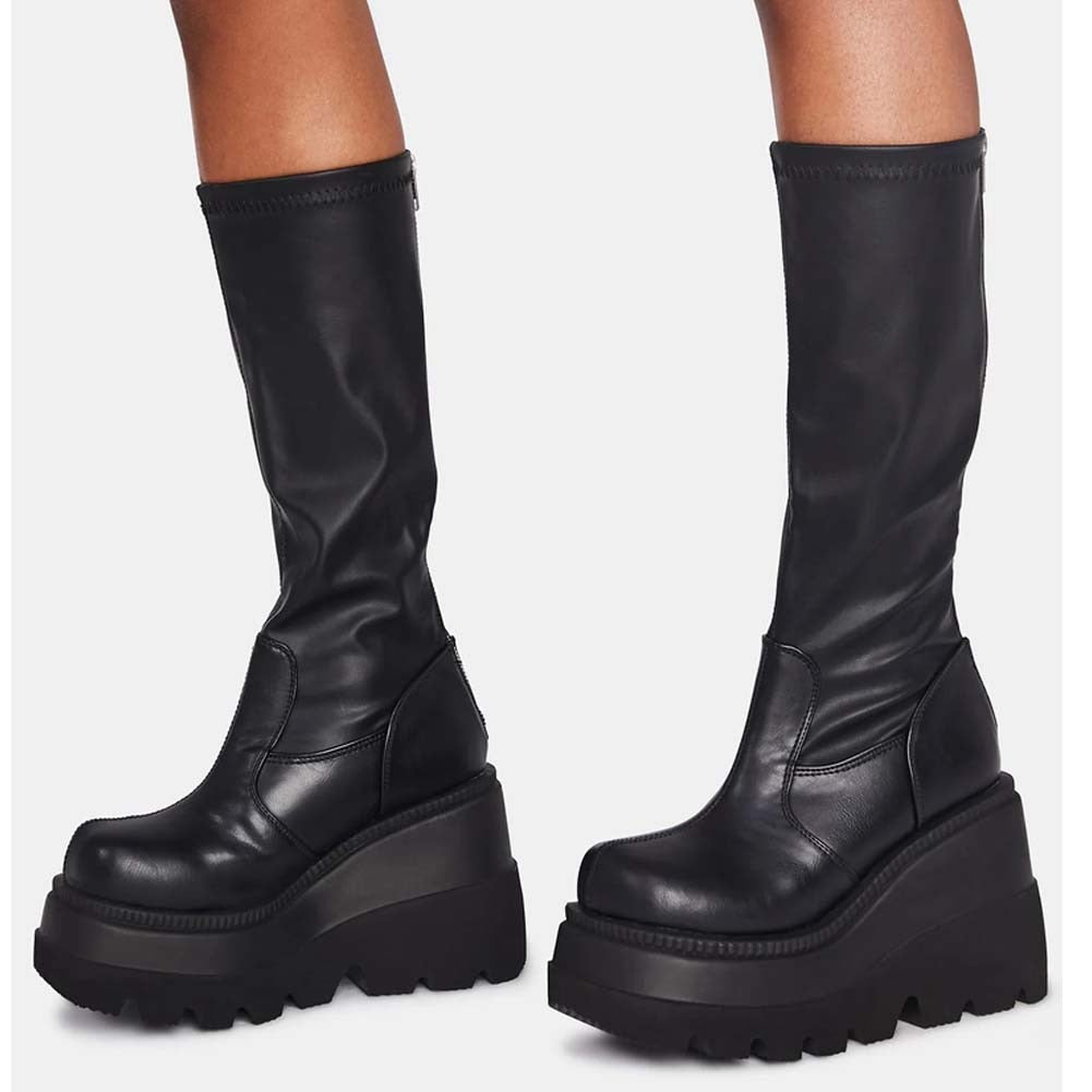 BONJOMARISA ladies fashion platform boots chunky heel wedges mid calf women  boots casual brand thick bottom winter shoes woman