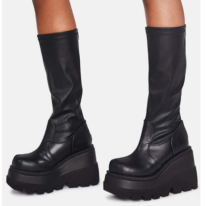 BONJOMARISA ladies fashion platform boots chunky heel wedges mid calf women  boots casual brand thick bottom winter shoes woman