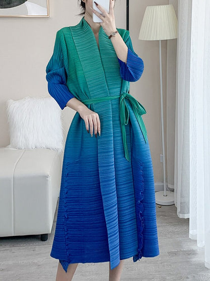 Autumn Gradient Pleated Dress Women Bandage Lapel Luxury Long Sleeve Plus Size Summer Female Elegant Clothing