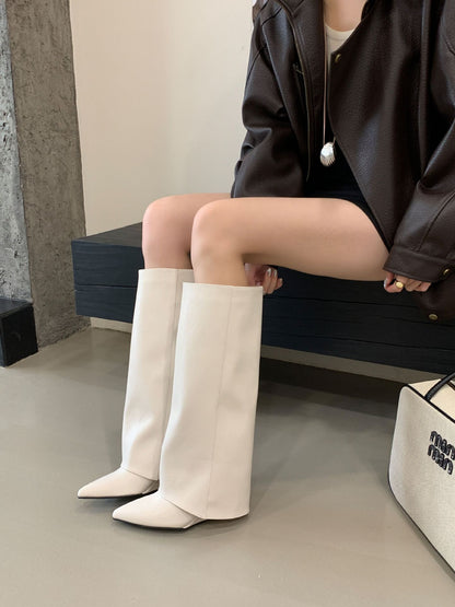 Fashionable Square Toe Slimming Versatile Flat Mid-Heel Elegant French Style Over-the-Knee Boots for Women