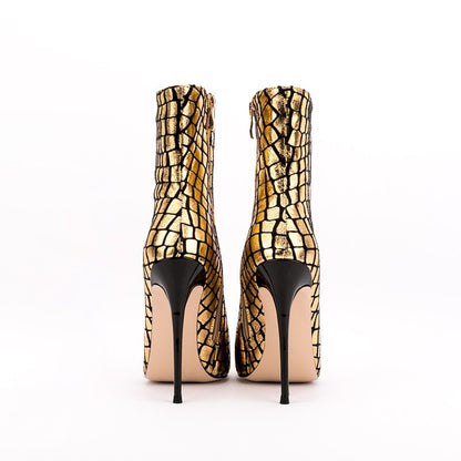 Pointed Toe Super High Heel Ankle Boots Ladies Party Shoes Side Zipper Shiny Stone Pattern Gold Sexy Winter Autumn Fashion Shoes
