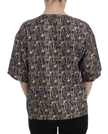 Gray Gold Key Print Silk Blouse T-shirt