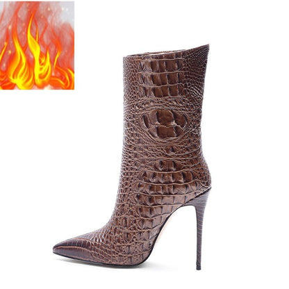 Crocodile High Heel Short Boots Large 34-45 Pointed Thin Heels and Ankle Boots Show Winter  Autumn Mid Tube Boots Women Shoes