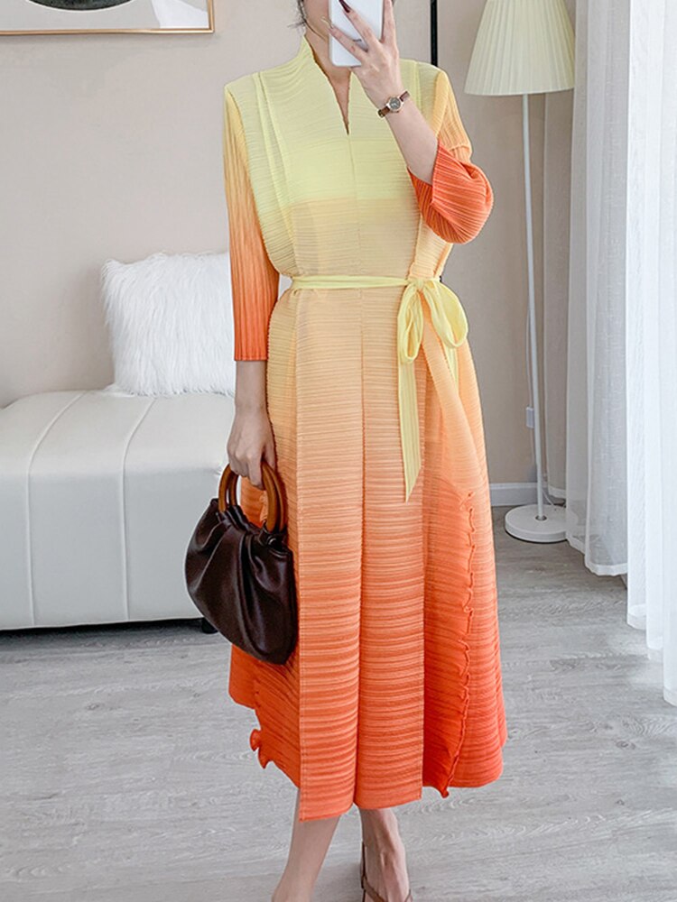 Autumn Gradient Pleated Dress Women Bandage Lapel Luxury Long Sleeve Plus Size Summer Female Elegant Clothing