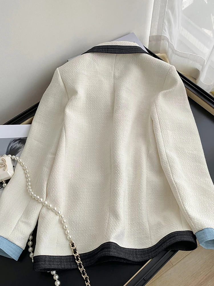 Women's Tweed Blazer Contrast Color Notched Collar Denim Pockets Loose Elegant Suit Jackets  Autumn New Fashion