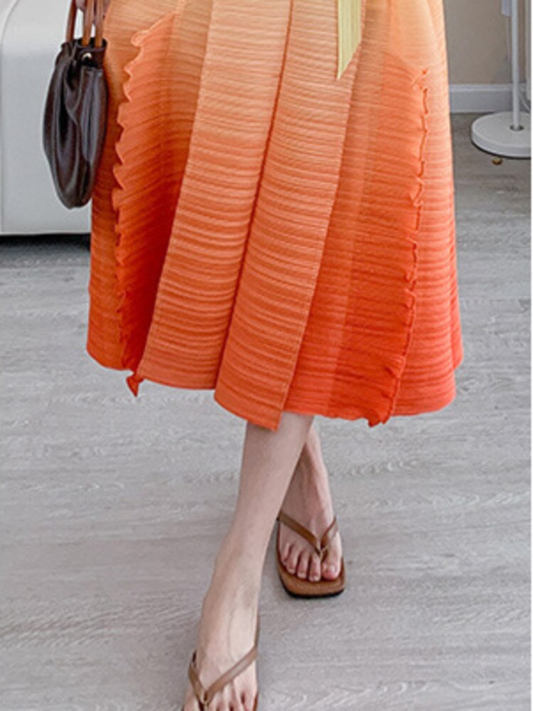Autumn Gradient Pleated Dress Women Bandage Lapel Luxury Long Sleeve Plus Size Summer Female Elegant Clothing