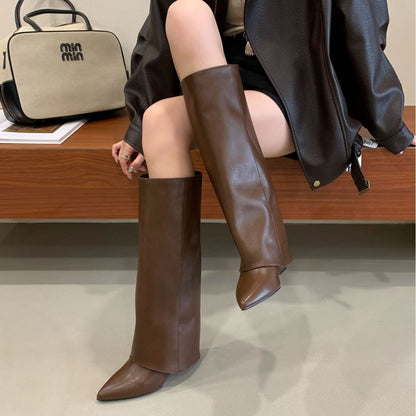 Fashionable Square Toe Slimming Versatile Flat Mid-Heel Elegant French Style Over-the-Knee Boots for Women