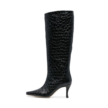 pop design autumn winter motorcycle boots shoes women print leather knee high boots sexy high heels platform riding boots woman