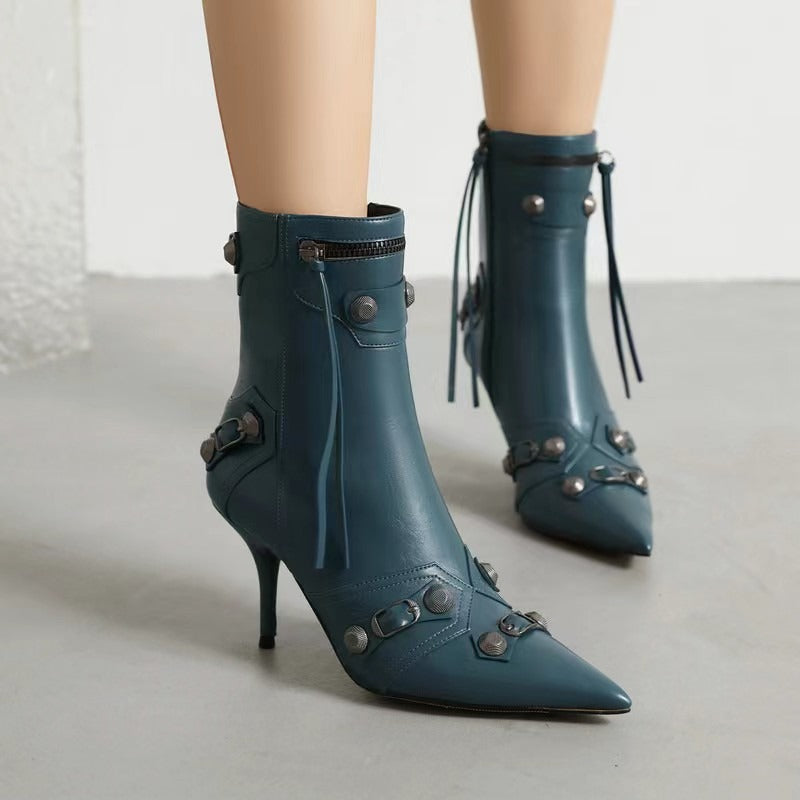 Fashion Pointed Toe Boots Women Chain Fringe Zipper Pumps Heels Soft Leather Ladies Party Ladies Shoes