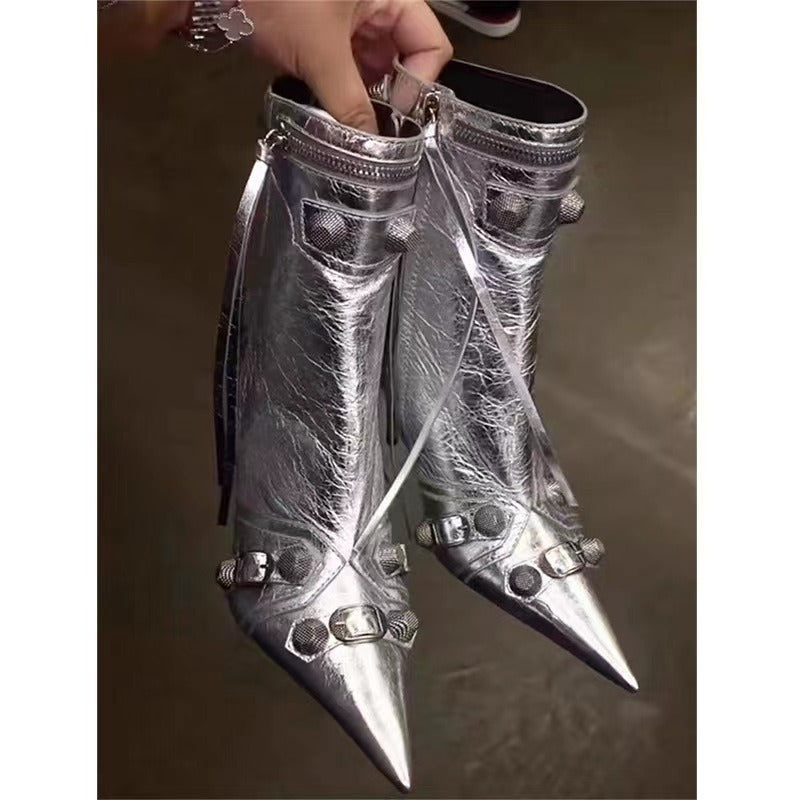 Fashion Pointed Toe Boots Women Chain Fringe Zipper Pumps Heels Soft Leather Ladies Party Ladies Shoes
