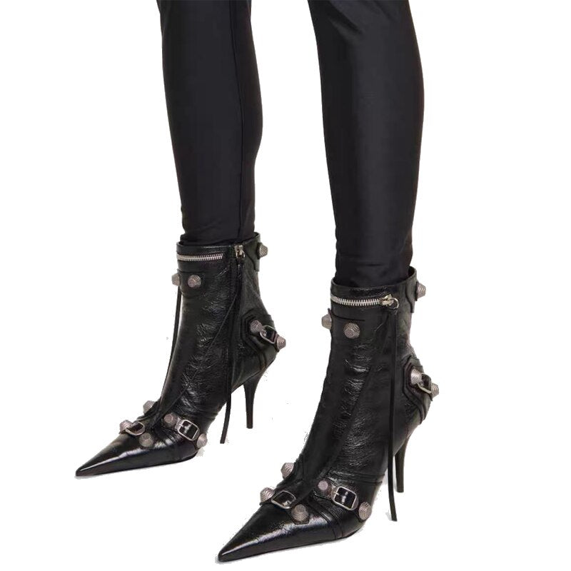 Women's Autumn and Winter Pointed Toe Metal Buckle Zipper Knee Boots Stiletto Rivet High Heels Luxury Shoes