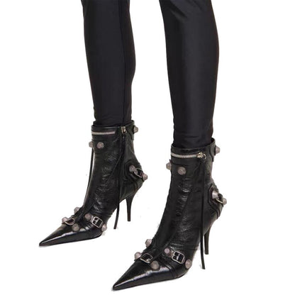 Women's Autumn and Winter Pointed Toe Metal Buckle Zipper Knee Boots Stiletto Rivet High Heels Luxury Shoes