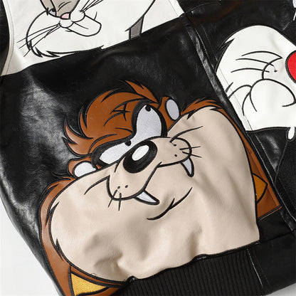 Embroidery creative cartoon loose collar leather jacket