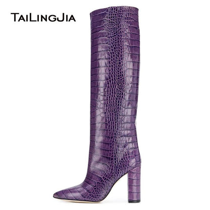 White Knee High Boots Women Purple Crocodile Embossed Boots High Block Heel Slip On Long Boot Ladies Yellow Winter Shoes