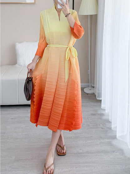 Autumn Gradient Pleated Dress Women Bandage Lapel Luxury Long Sleeve Plus Size Summer Female Elegant Clothing