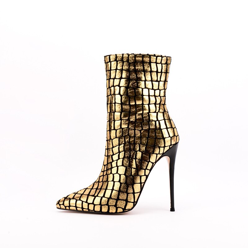 Pointed Toe Super High Heel Ankle Boots Ladies Party Shoes Side Zipper Shiny Stone Pattern Gold Sexy Winter Autumn Fashion Shoes