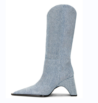 Processing time:7-15days after placing orders Autumn And Winter 2023 New Fashion Women's Boots Thick High Heel Pointed Toe Denim Knee Length Knight Boots Big Size Shoes