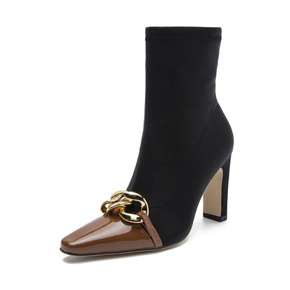 Short Boots Female Autumn And Winter New Pointed High Heels Thick With Sexy British Style Spelling Color Chain Boots