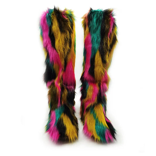 New In Fashion Knee High Fluffy Boots Women Winter Warm Plush Long Snow Boots Non-slip Casual Cotton Shoes