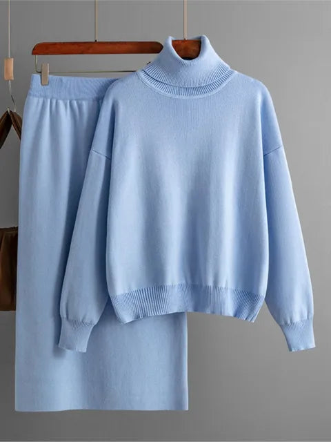 Women Loose Sweater Suits Long Sleeve Pullovers Female Knitted Midi Skirt 2 Piece Set Grey