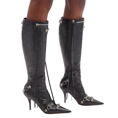 Women's Autumn and Winter Pointed Toe Metal Buckle Zipper Knee Boots Stiletto Rivet High Heels Luxury Shoes