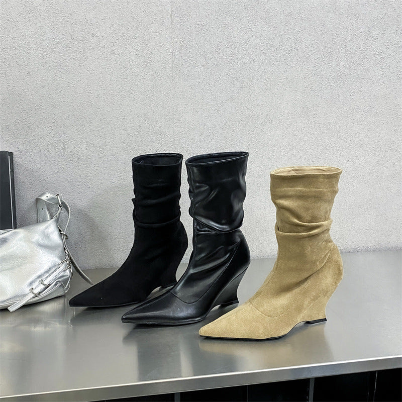 Autumn and Winter New Fashionable French Pointed Slope Heel Stacked Women's Boots Soft Leather High Heels Comfortable Short Boots