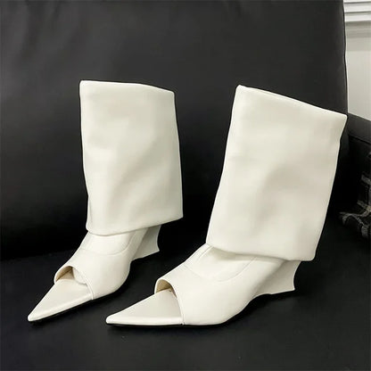 Fashion Pointed Peep Toe Women Boots Sandals Designer Knee-High Booties Wedges Heels Ladies Shoes Zapatos De Mujer