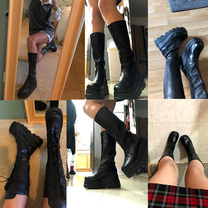 BONJOMARISA ladies fashion platform boots chunky heel wedges mid calf women  boots casual brand thick bottom winter shoes woman