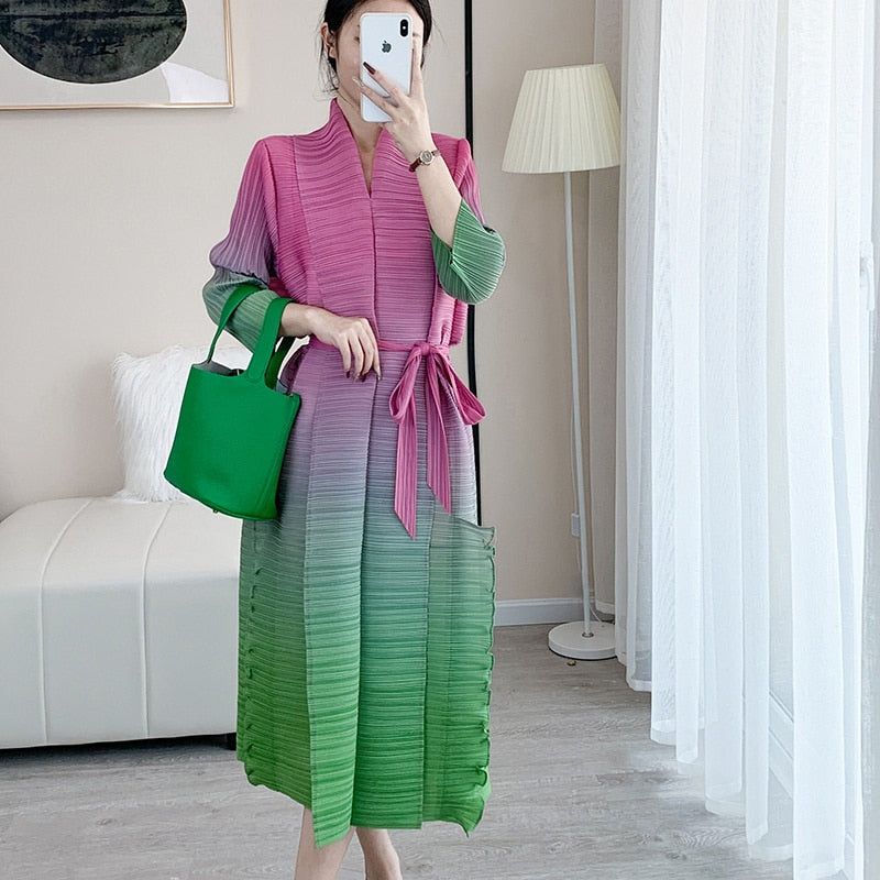 Autumn Gradient Pleated Dress Women Bandage Lapel Luxury Long Sleeve Plus Size Summer Female Elegant Clothing