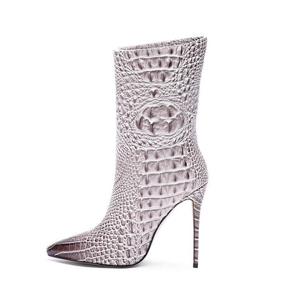 Crocodile High Heel Short Boots Large 34-45 Pointed Thin Heels and Ankle Boots Show Winter  Autumn Mid Tube Boots Women Shoes