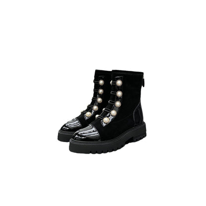 Winter Brand New Women's Short Boots Pearl Decor Black Ankle Boots Luxury Shoes Botas Mujer Platform Motorcycle Boots