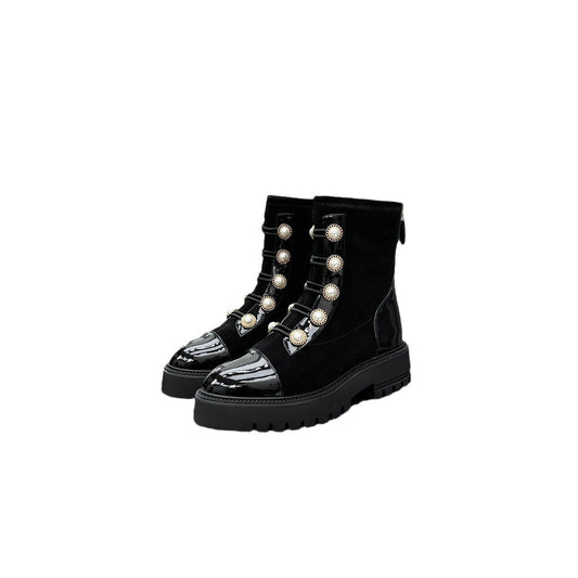 Winter Brand New Women's Short Boots Pearl Decor Black Ankle Boots Luxury Shoes Botas Mujer Platform Motorcycle Boots