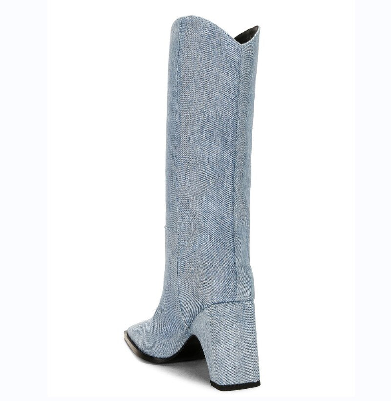 Processing time:7-15days after placing orders Autumn And Winter 2023 New Fashion Women's Boots Thick High Heel Pointed Toe Denim Knee Length Knight Boots Big Size Shoes