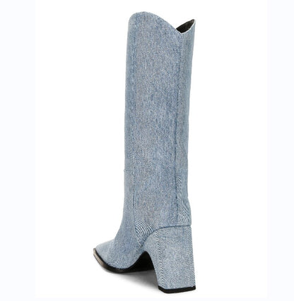 Processing time:7-15days after placing orders Autumn And Winter 2023 New Fashion Women's Boots Thick High Heel Pointed Toe Denim Knee Length Knight Boots Big Size Shoes
