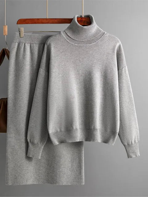 Women Loose Sweater Suits Long Sleeve Pullovers Female Knitted Midi Skirt 2 Piece Set Grey