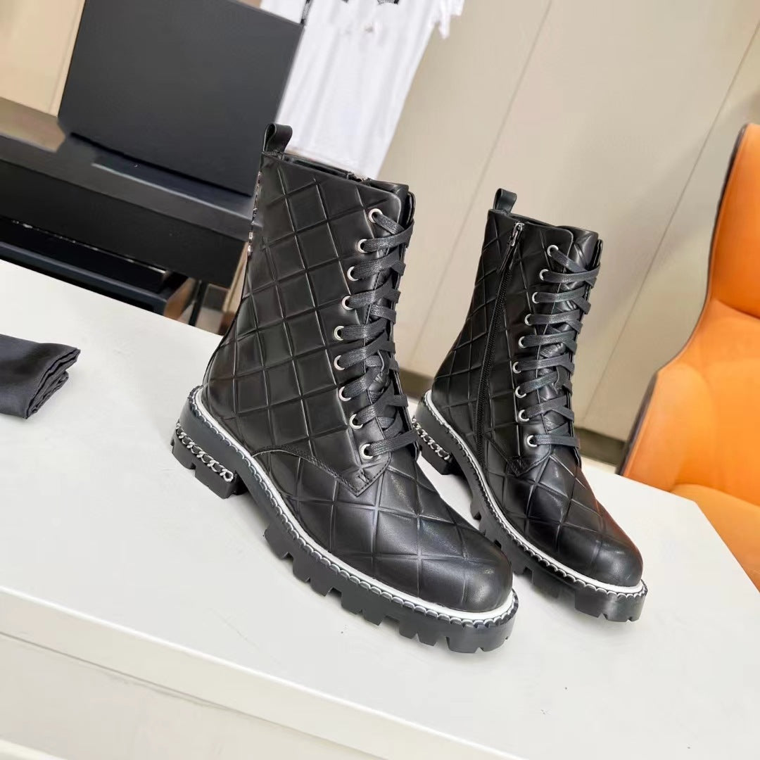 Real Leather Lace Up Woman Low Heel Boots Silvery Yellow Fashion Round Toe Thick Sole Short Boots New Autumn Winter Modern Boots