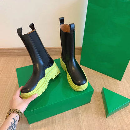 Women Chunky Heel Mid Calf Boots Luxury Brand Chelsea Boots Platform Biker Boots Street Leather Ladies Boots Botas