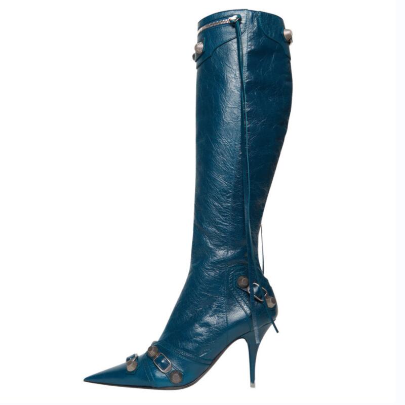 Women's Autumn and Winter Pointed Toe Metal Buckle Zipper Knee Boots Stiletto Rivet High Heels Luxury Shoes