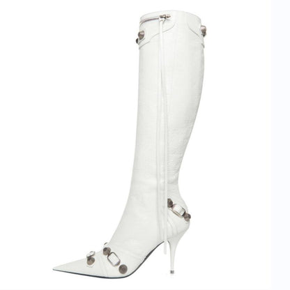 Women's Autumn and Winter Pointed Toe Metal Buckle Zipper Knee Boots Stiletto Rivet High Heels Luxury Shoes