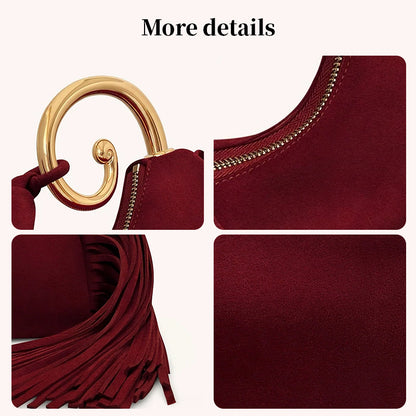 Vintage Winter Women's Bag - Fashionable Synthetic Suede Purse with Leather Tassels, Elegant Outdoor Travel Bag