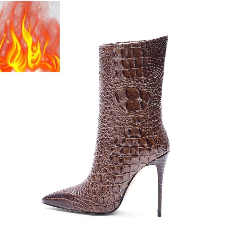 Crocodile High Heel Short Boots Large 34-45 Pointed Thin Heels and Ankle Boots Show Winter  Autumn Mid Tube Boots Women Shoes