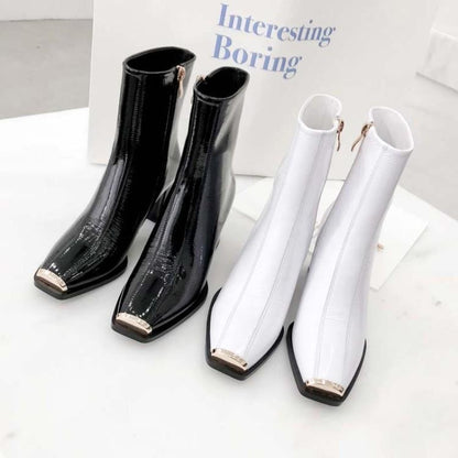 Women New Style Ankle Boots Ladies Square Toe High Heels Side Zipper Black White Thick Heel Patent Leather Winter Booties