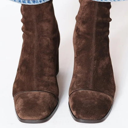 High heeled suede low cut British style square toe women's boots