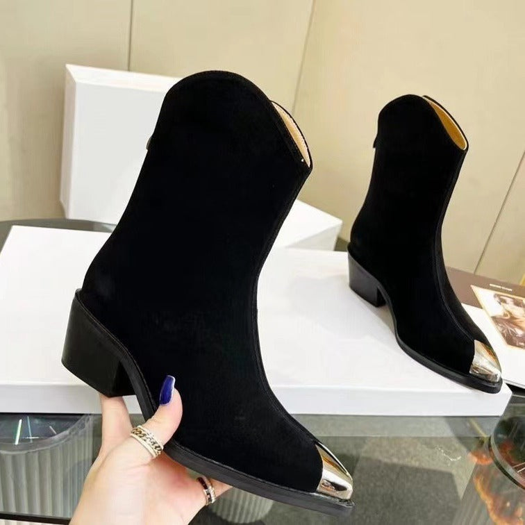 Winter Designer Shoes Women Chelsea Boots Metal Toe Back Zip Short Boots Women Pointed Toe Chunky Heel Ankle Boots Suede Leather