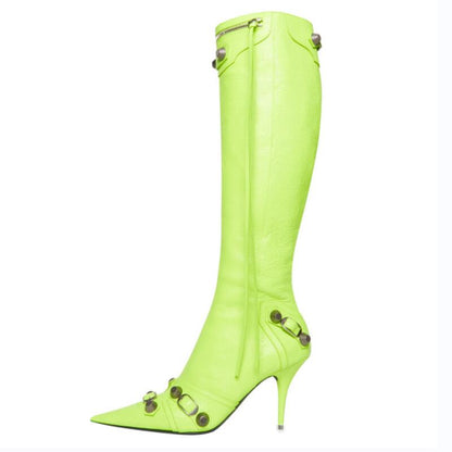 Women's Autumn and Winter Pointed Toe Metal Buckle Zipper Knee Boots Stiletto Rivet High Heels Luxury Shoes