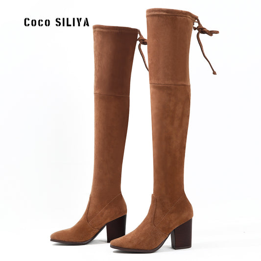 Long Boots Children's Thick Heel High Heel Elastic Knight Boots Round Head Over Knee Long Sleeve Women's Boots Winter