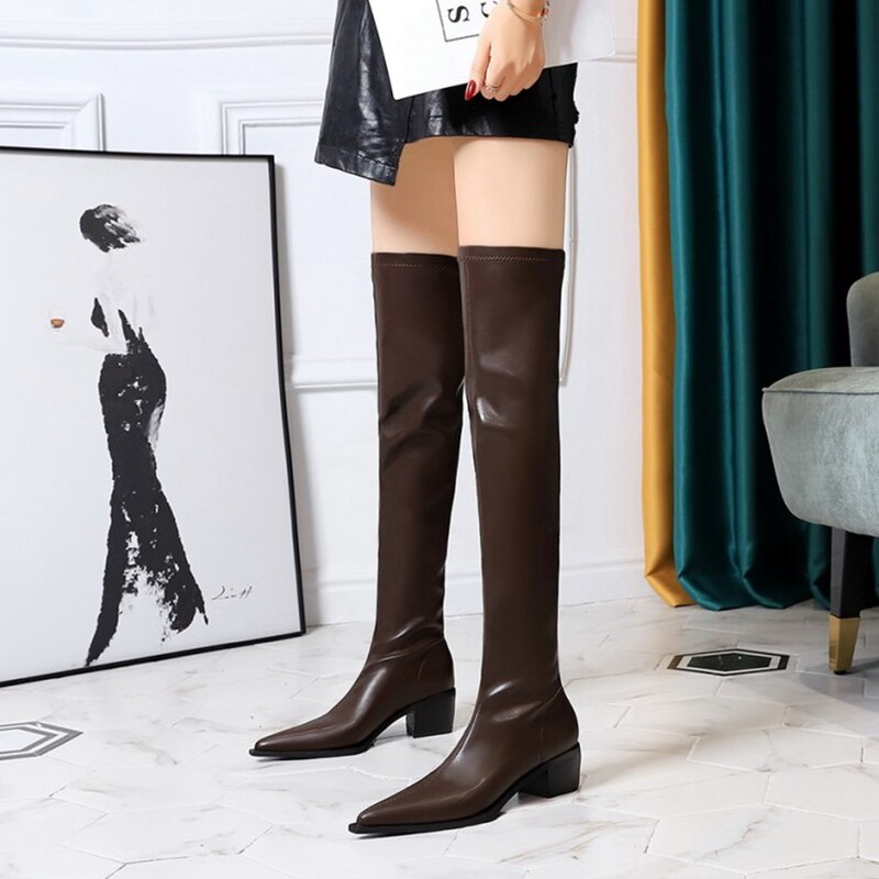 European and American Winter Fashion Simple Thick Heel High Heel Pointed Thin Leg Knee Length Women's Boots